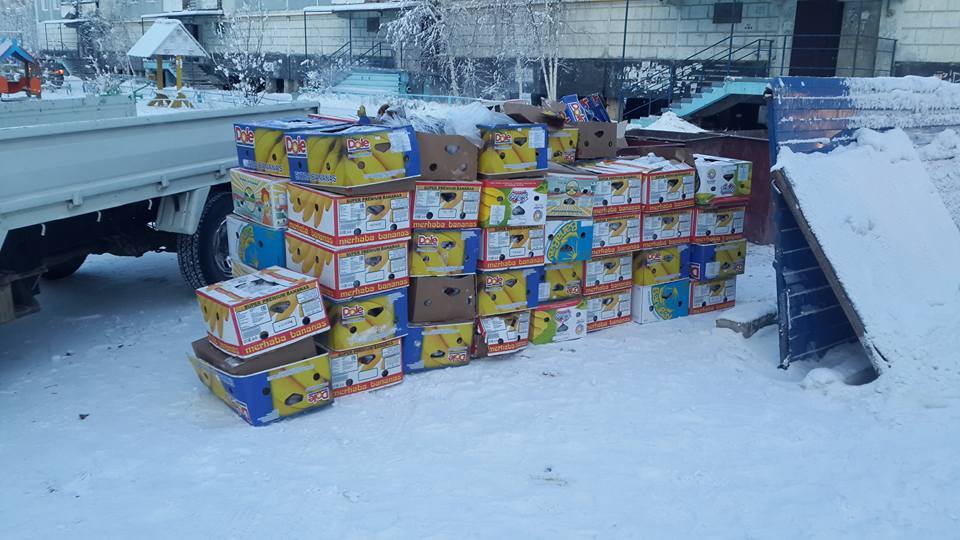 Антон Васильев раздает бананы, обнаруженные на Зеленом лугу в Якутске