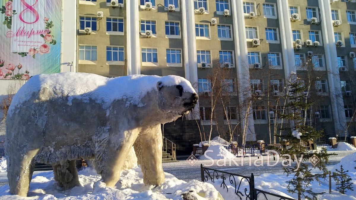 Фотофакт: У мэрии Якутска "заплакали" черными слезами белые медведи