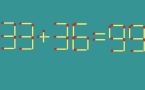 Тест на скорость реакций: исправьте пример 36+33=99 за 10 секунд, передвинув одну спичку