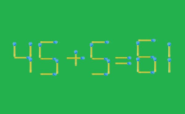 Шахматы со спичками: исправьте пример 45+5=61 за 10 секунд, переставив одну деталь
