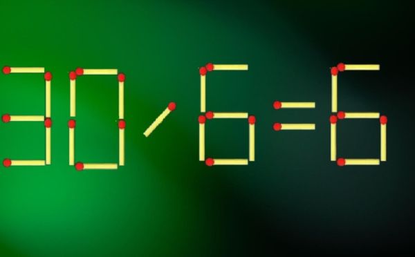 Минута для гения: исправьте пример 30/6=6 за один ход, передвинув всего одну спичку