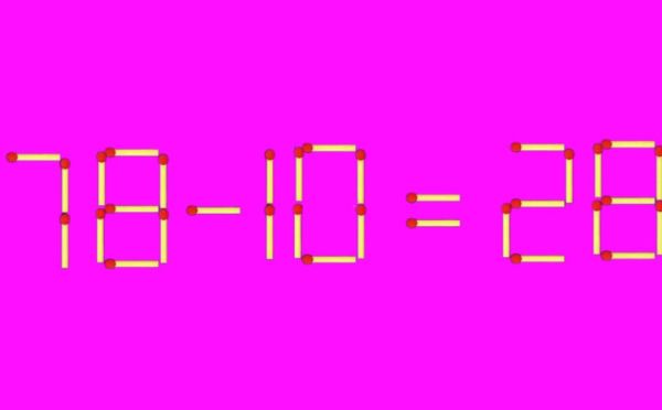 Математика без шаблонов: исправьте пример 78-10=28 за один ход, передвинув одну спичку