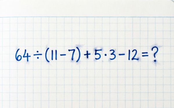Решите математический пример и узнайте, сколько будет 64 ÷ (11 − 7) + 5 · 3 − 12