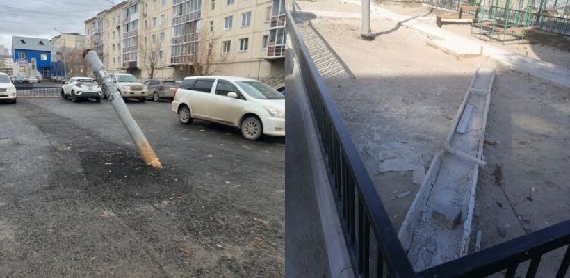 В Якутске во дворе, претендующем на звание лучшего, нет освещения, а яма от столба не заделана