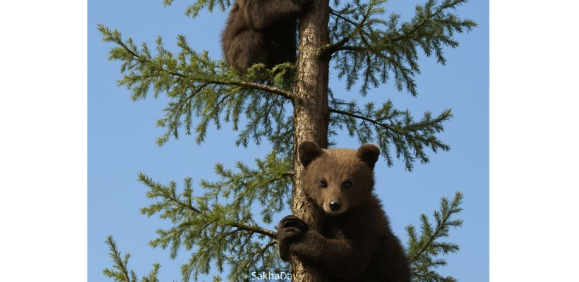 Неожиданные соседи за обедом: в Якутии медвежата наблюдали за путниками с дерева