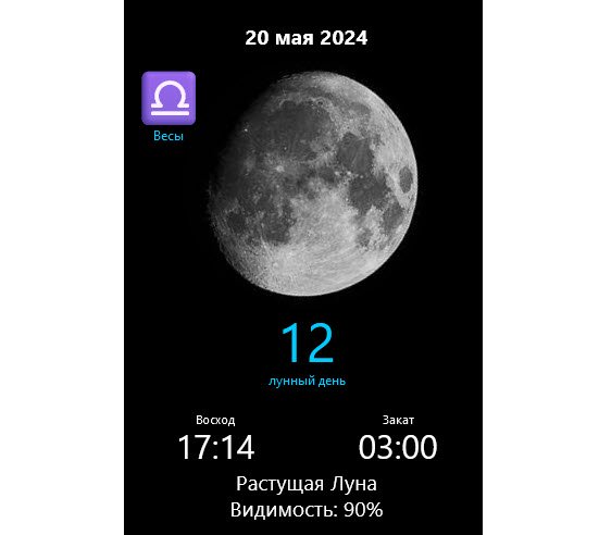 Растущая Луна в знаке Весы, процент освещенности 90%. Лунный календарь на 20 мая