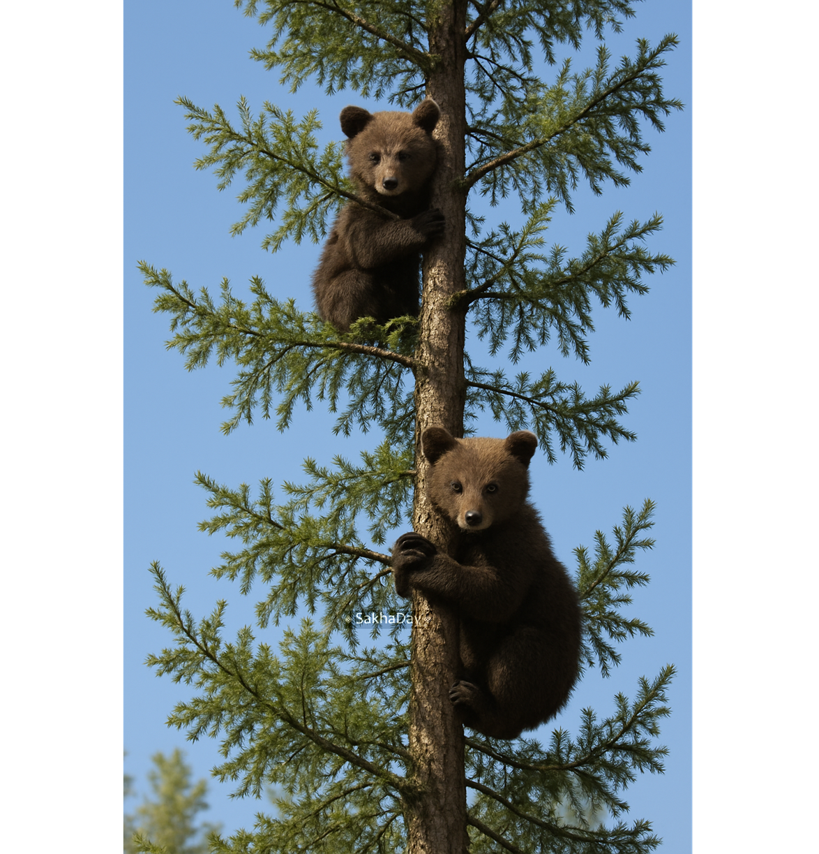Неожиданные соседи за обедом: в Якутии медвежата наблюдали за путниками с дерева