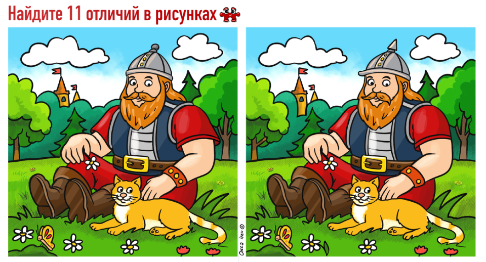 Головоломка от Виктора Васнецова: пока 2 богатыря идут вершить подвиги, Алеша остался с котиком — найдите 11 отличий на двух картинках