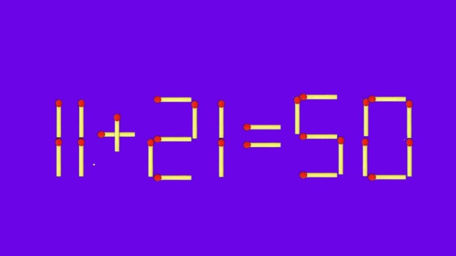 Нейрогимнастика для профи: исправьте пример 11+21=50 за один ход, передвинув одну спичку