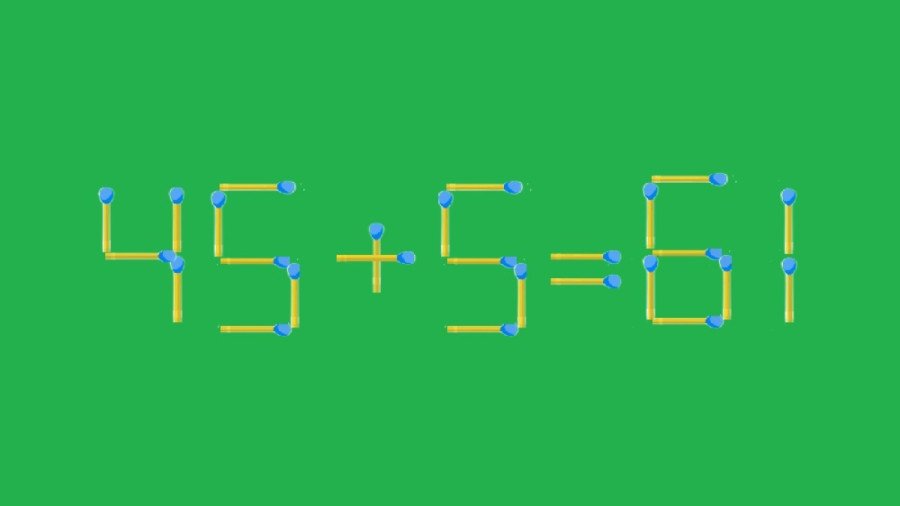 Шахматы со спичками: исправьте пример 45+5=61 за 10 секунд, переставив одну деталь