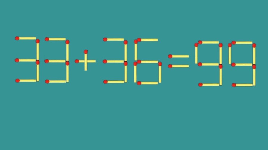 Тест на скорость реакций: исправьте пример 36+33=99 за 10 секунд, передвинув одну спичку