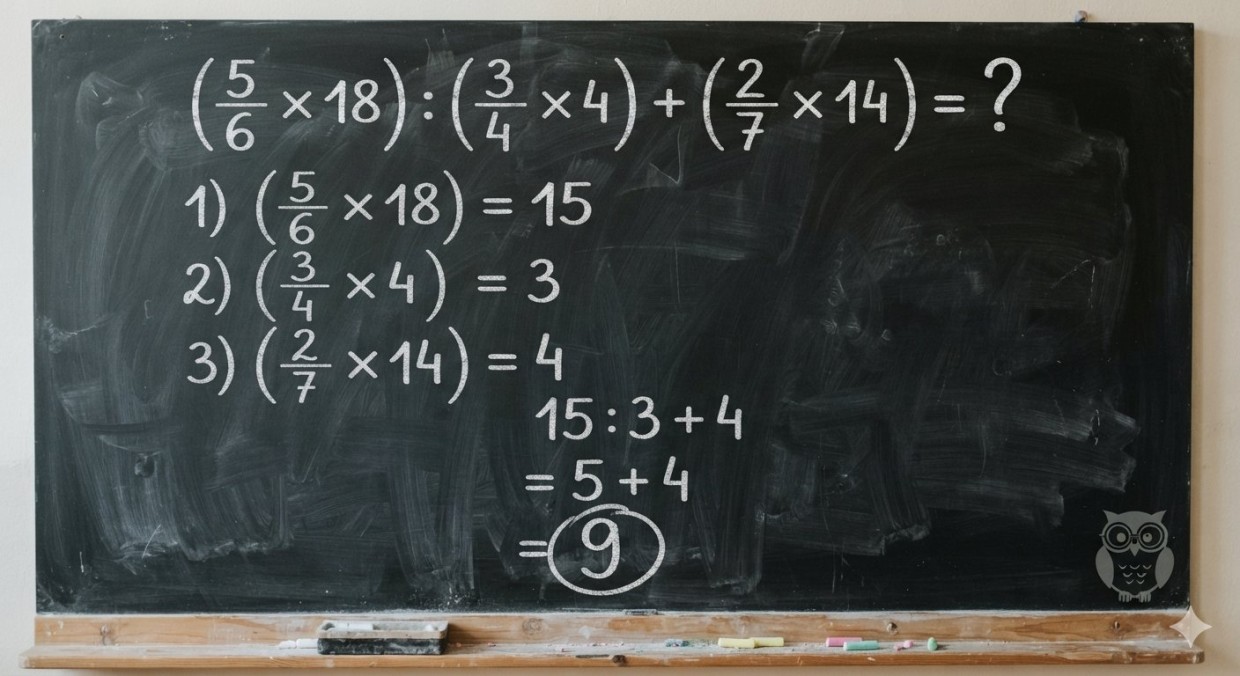 Решение примера (5/6 × 18) : (3/4 × 4) + (2/7 × 14)