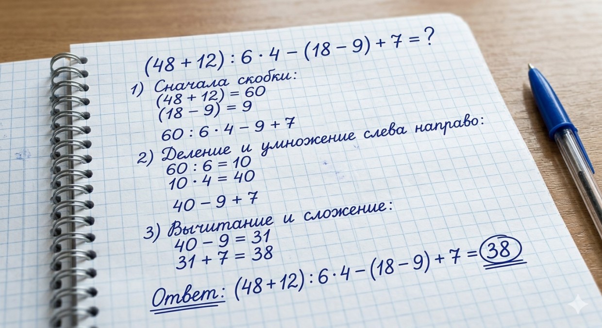 Полное решение примера (48 + 12) : 6 · 4 − (18 − 9) + 7