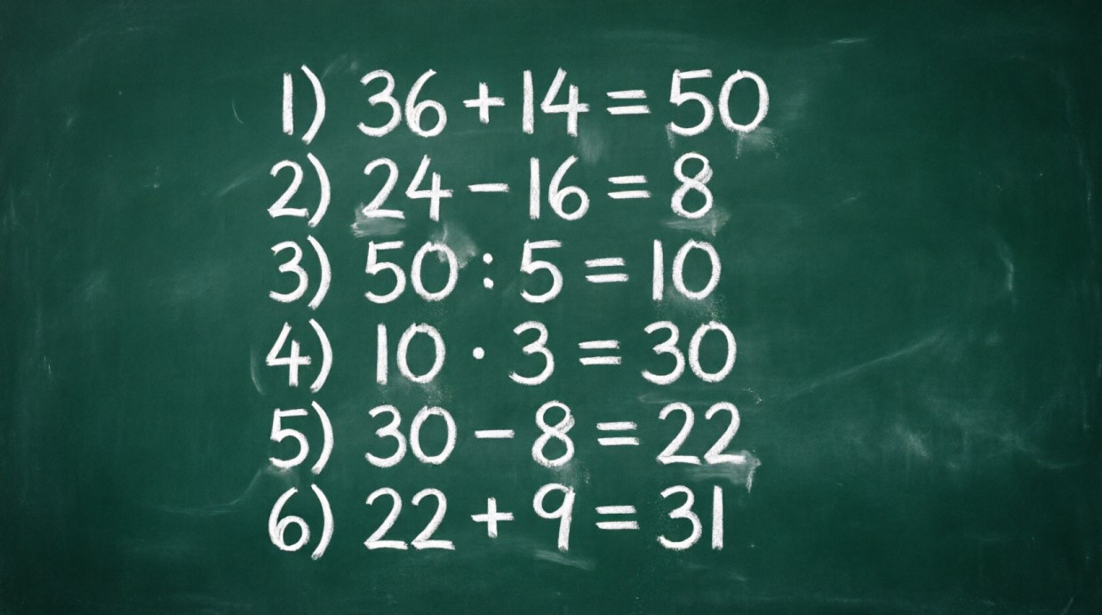 Решение математического примера (36 + 14) : 5 · 3 − (24 − 16) + 9