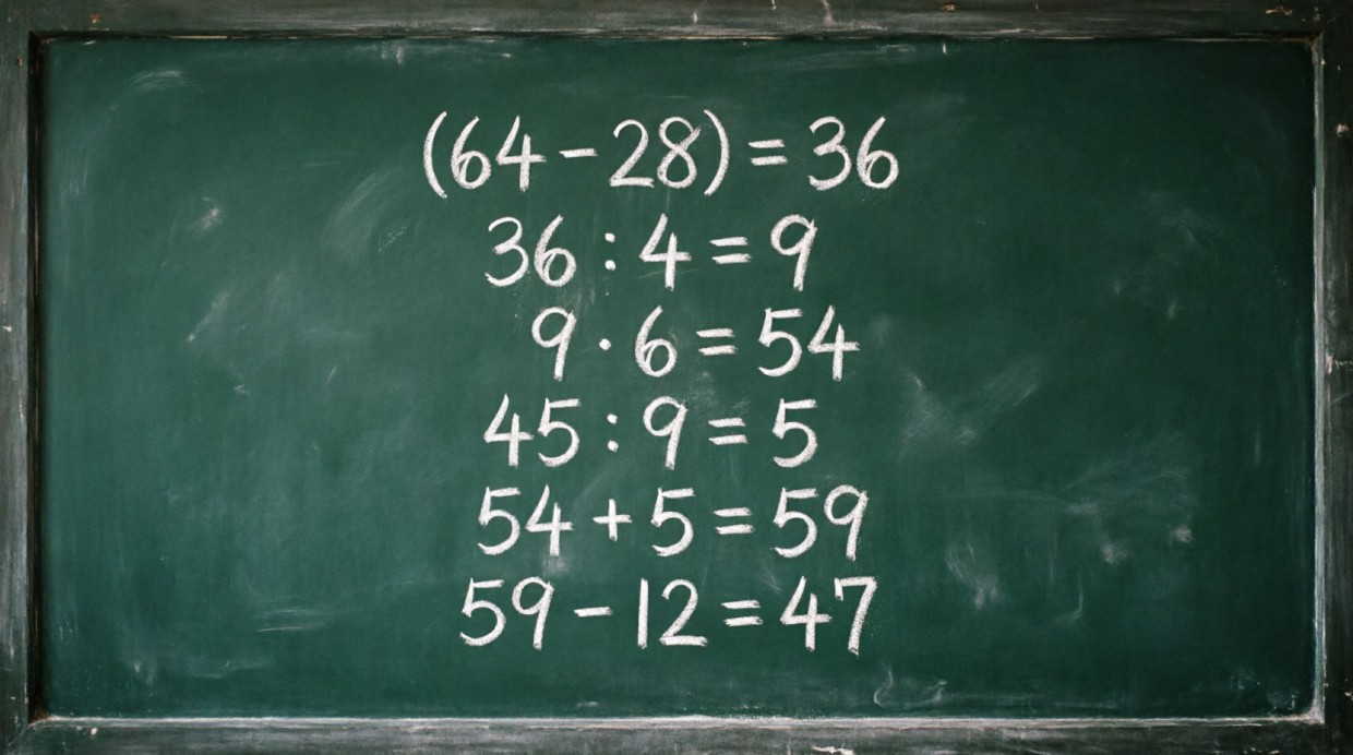 Подробное решение примера (64 − 28) : 4 · 6 + 45 : 9 − 12 