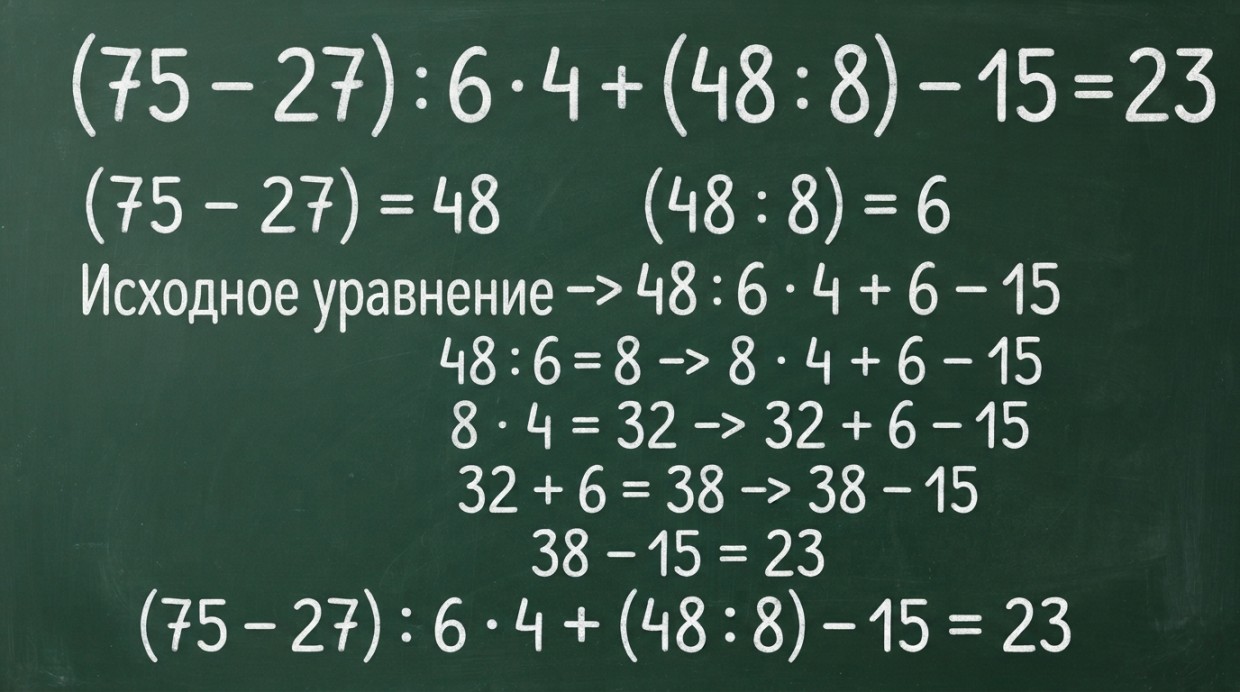 Разбор решения примера (75 − 27) : 6 · 4 + (48 : 8) − 15