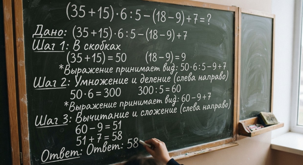 Пошаговое решение примера (35 + 15) · 6 : 5 − (18 − 9) + 7